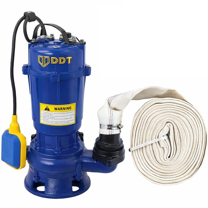 Pachet promo Pompa submersibila cu tocator si plutitor, DDT, WQD10, 2600W + Furtunul de pompier 2'' 20 m, 8 bari, cu cuple