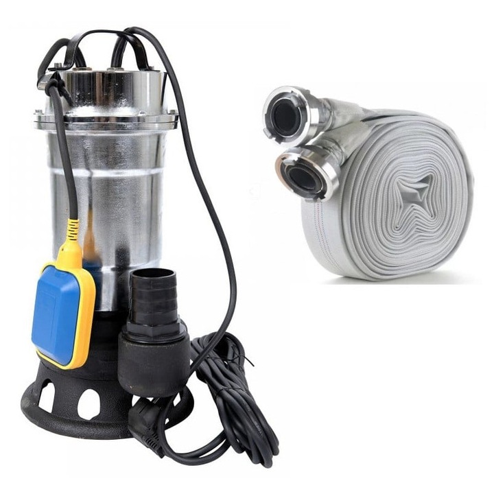 Pachet promo Pompa pentru apa murdara cu plutitor fara tocator, DDT, Inox, SWP2550F, 2550 W, 25 mc/h + Furtunul de pompier 2'' 20 m, 8 bari, cu cuple
