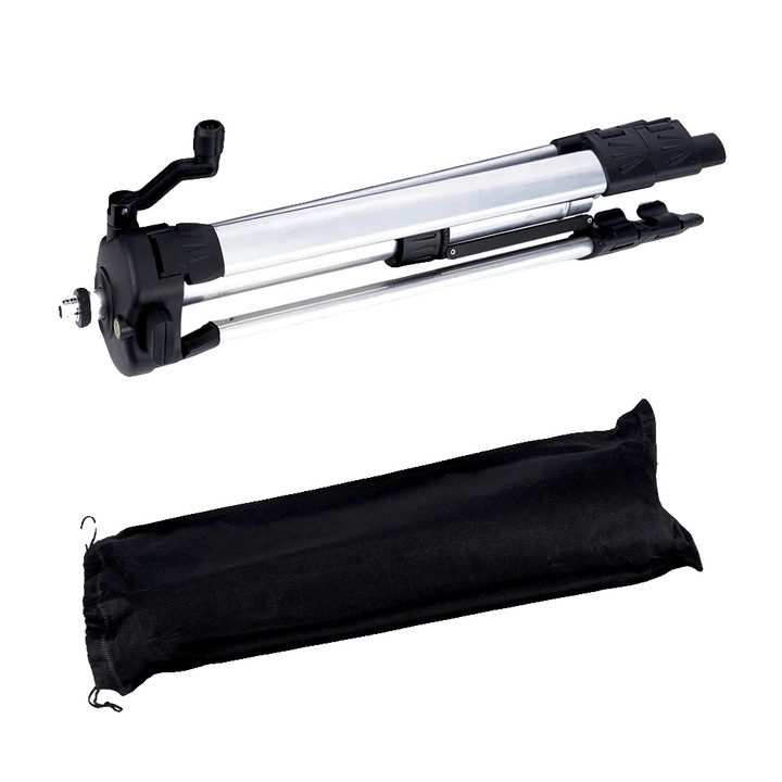 1,5 méteres állvány, alumínium konstrukció, magasságállítás, kompatibilis a 5/8 hüvelykes lézeres szintezőkkel, fekete és ezüst színű