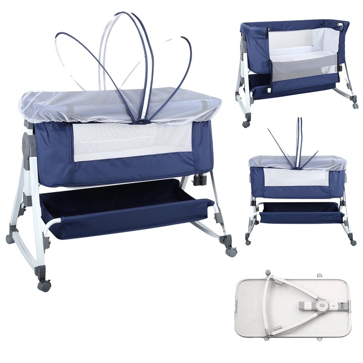 Patut bebe portabil, ajustabil pe inaltime, albastru, pentru sugari, 0-12 luni