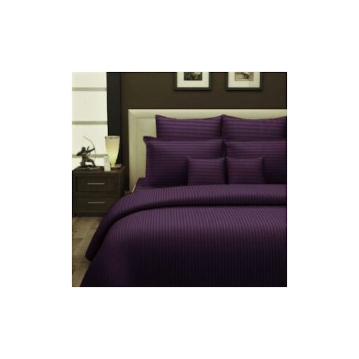 Kotonia Home Deco rugalmas ágyneműhuzat, 100% pamut, damaszt szatén, 1 cm-es csíkok, lila, 160x200+20 cm
