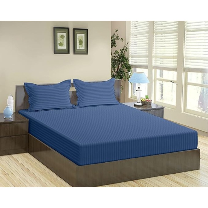 Husa de pat cu elastic Kotonia Home Deco, 100% bumbac, Damasc Saten, dimensiune dungi 1 cm, Bleumarin, 100x200+20 cm