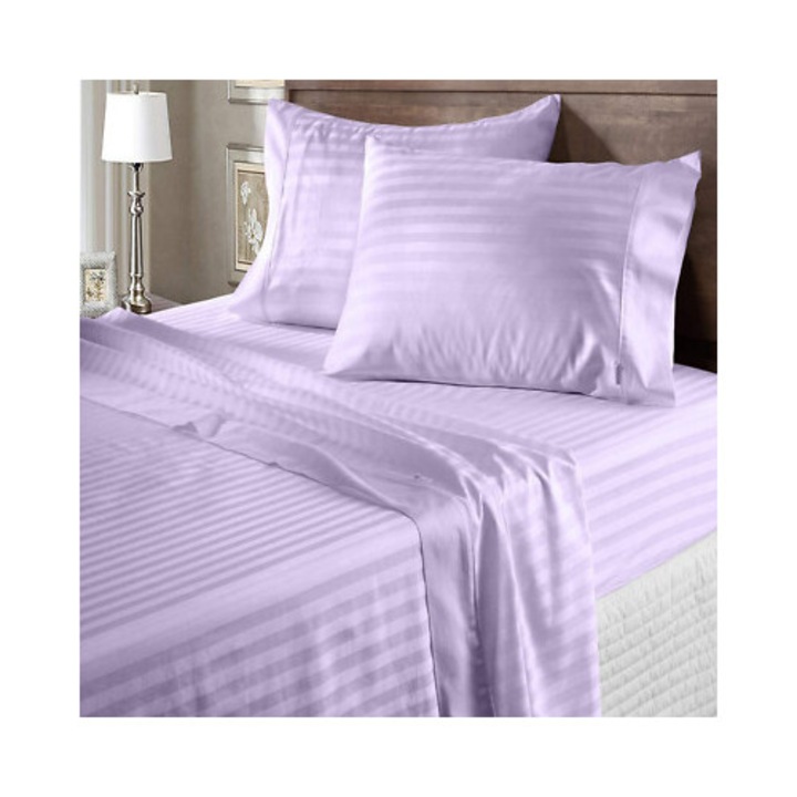 Еластичен калъф за легло Kotonia Home Deco, 100% памук, Дамаски сатен, размер на райе 1 см, Люляк, 180x200+25 см