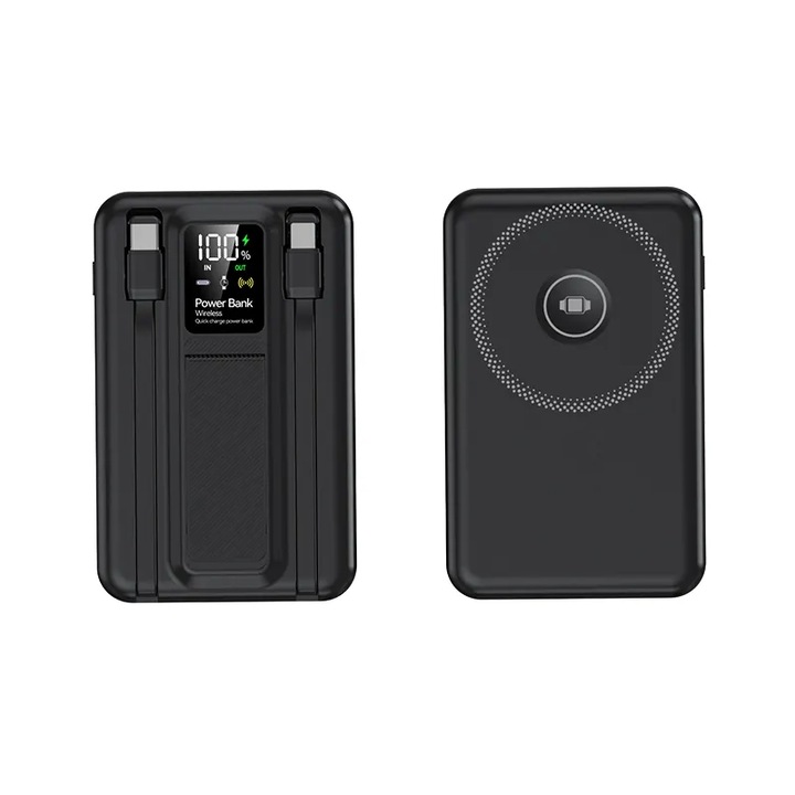 Baterie externa 20000 mah, Wireless, 2 x cabluri USB Type-C incluse, Fast Charge 20W, Afisaj Digital