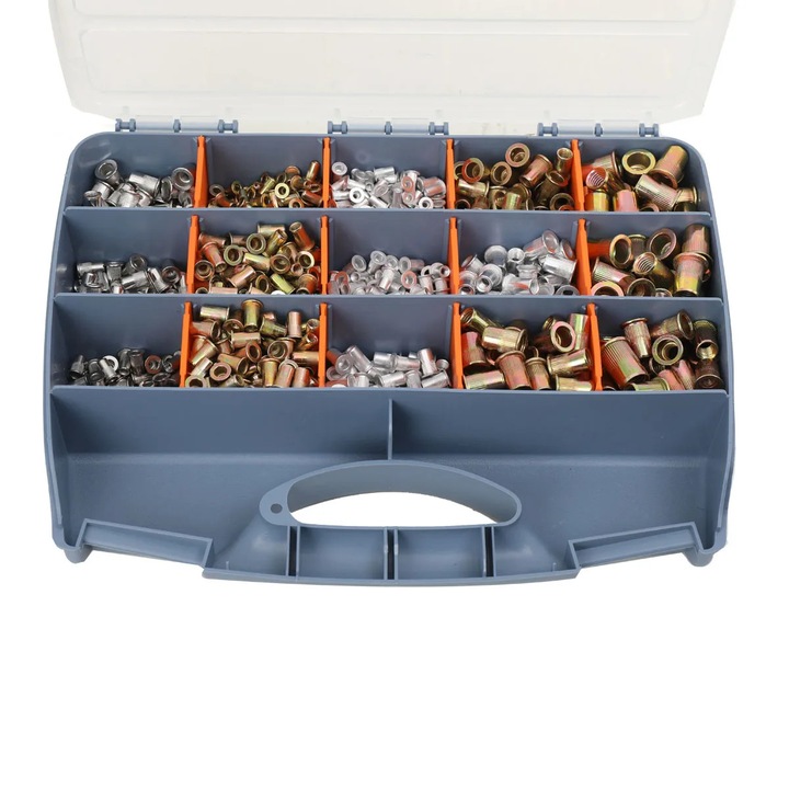 Piulite nit filetate Rivnut, set asortat, 1200 buc, M3–M12, otel inoxidabil, cutie organizator