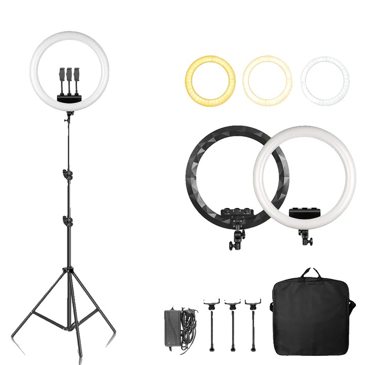 Lampa LED Ring, Luminozitate Ajustabila, Temperatura Bi-color, Trepied 200cm, Set