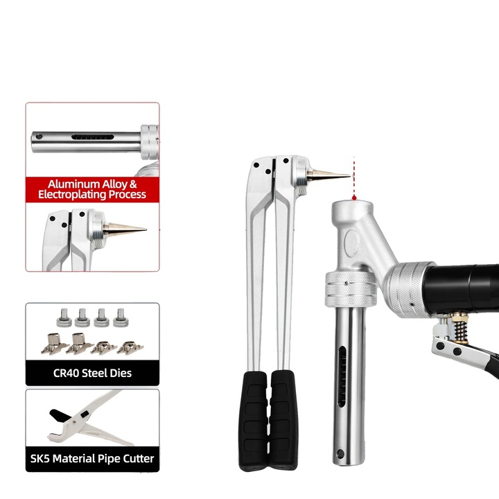 Комплект хидравлични клещи, диапазон на пресоване 16-32 мм, капацитет на цилиндъра 70 мл, компресия 3 тона, дължина на гъвкава дръжка 17 см