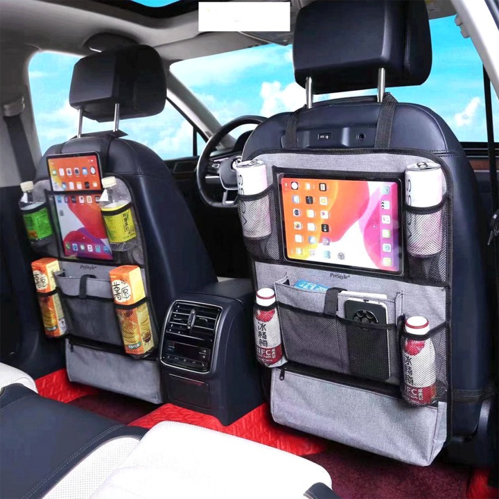Set 2 Organizatoare Auto Multifunctionale pentru Spatar Scaun Auto, cu Buzunare Mari si Suporturi din Plasa, Usor de Instalat, Curele Reglabile si Carlige, Ideale pentru Calatorii cu masina, Gri, PriStyle®