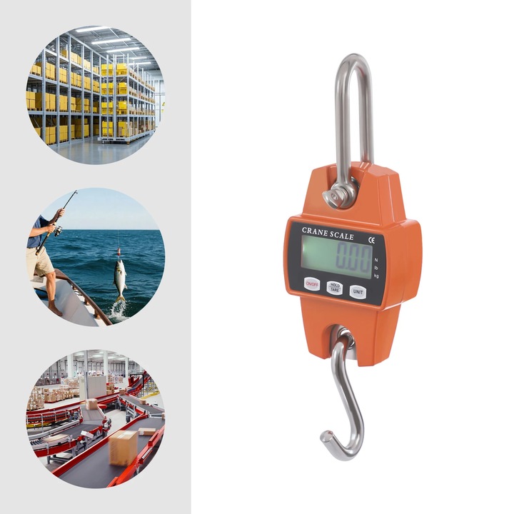 Cantar digital suspendat, Cantar electronic macara, Capacitate 300 kg, Precizie ridicata ±0, 1 %, Afisaj LCD, Alarma suprasarcina, Pentru depozit si pescuit, Portocaliu