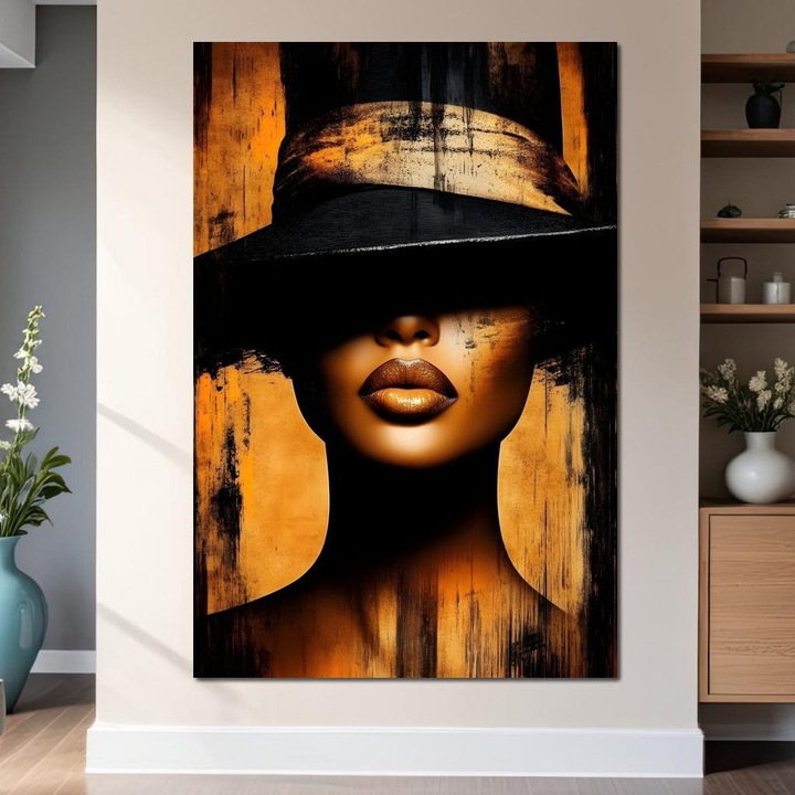 Премиум картина върху платно, LuxCanva® G1175, Маскирана страст, 40 X 60 см, 100% памучно платно 400 г/м2, дървена рамка, сянка, черно, златно, кадифе, елегантност, драматизъм, визуалност, чувственост, лукс, устни, списание, салон, офис, хол, спалня