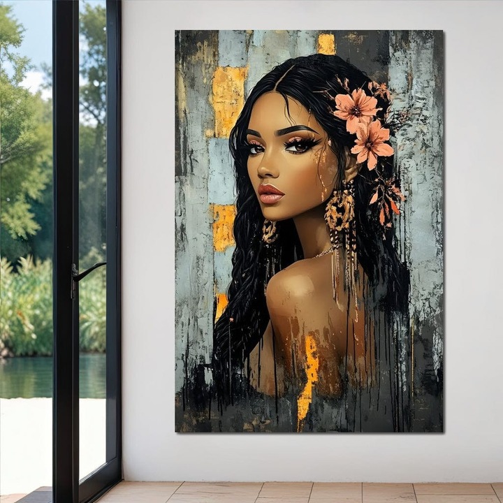 Премиум картина върху платно, LuxCanva® G1176, Венчелистчета в косите на нощта, 70 X 100 см, 100% памучно платно, 400 г/м2, Дървена рамка, Текстурирана, Розово, Сиво, Чувственост, За Офис, Хол, Спалня