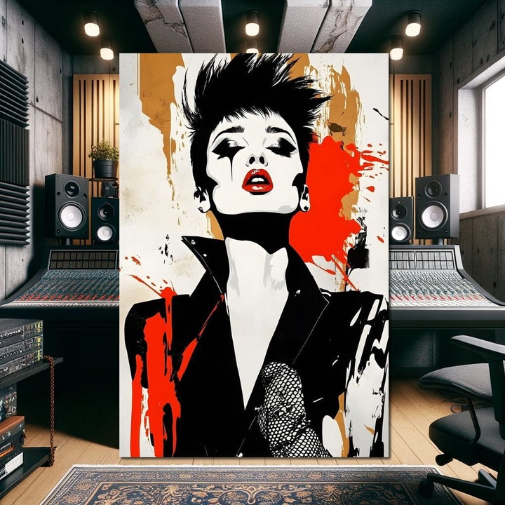Премиум картина върху платно, LuxCanva® G1178, Пънк елегантност, 100 X 150 см, 100% памучно платно 400 г/м2, дървена рамка, червило, бунт, хаос, жена, бунтарка, блясък, анархия, поп арт, ретро, свобода, неконформизъм, война, офис, хол, спалня