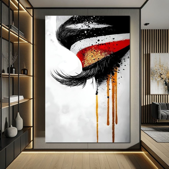 Премиум картина върху платно, LuxCanva® G1180, Течащ поглед, 100 X 150 CM, 100% памучно платно 400g/m2, дървена рамка, Очи, Мигли, Сълзи, Тишина, Болка, Емоция, Драма, Червено, Жълто, Черно, Пръски, Страдание, Офис, Хол, Спалня