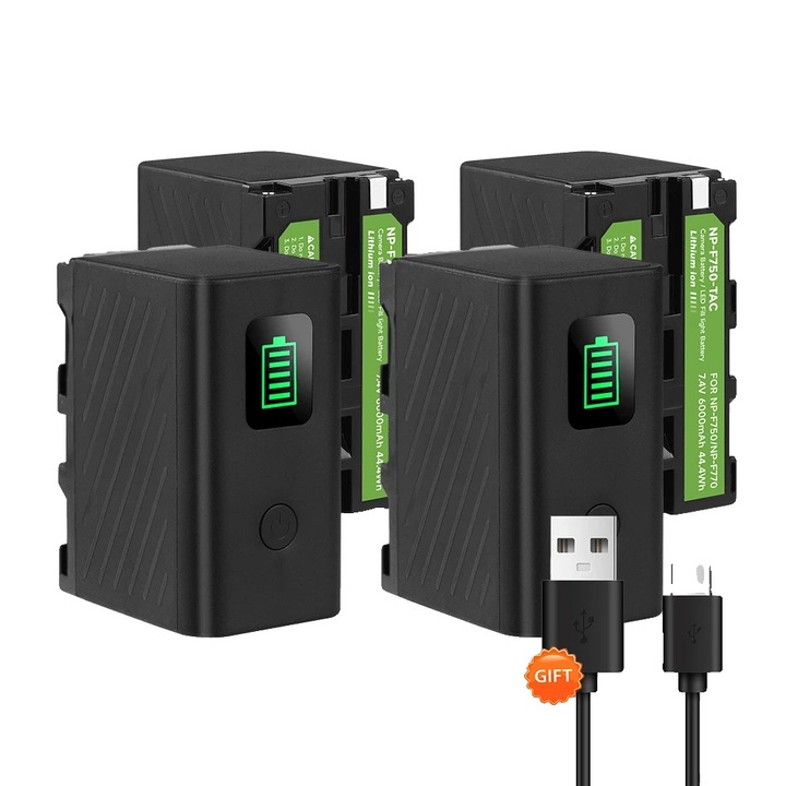 Комплект от 4 батерии 6000mAh, съвместими с фотоапарати Sony, акумулаторни, 7.4V, с кабел