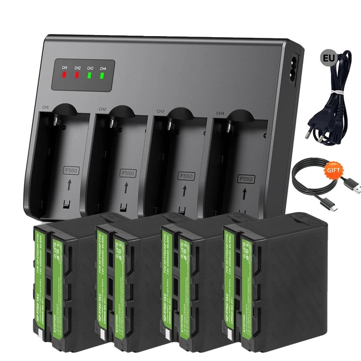 Комплект от 4 батерии със зарядно устройство, капацитет 6000mAh, съвместими с фотоапарати Sony, 7.4V