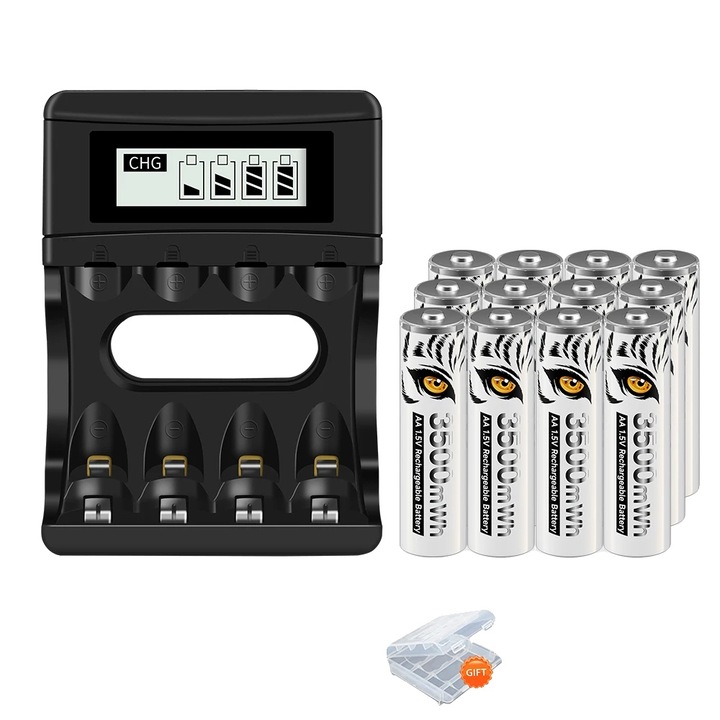 Set 12 Baterii AA Reincarcabile 3500mAh cu Incarcator LCD