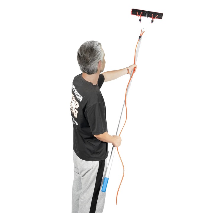 Kit curatare geamuri 3-in-1 (spalare, periere, raclare) cu cap perie reglabil 180° si tija extensibila 7.4m, Rosu, 1 set