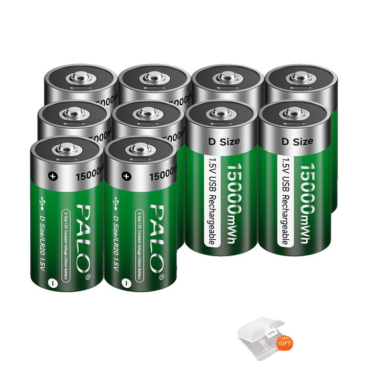 Set 10 Baterii D Reîncărcabile, USB, Capacitate Mare, 32mm x 60mm