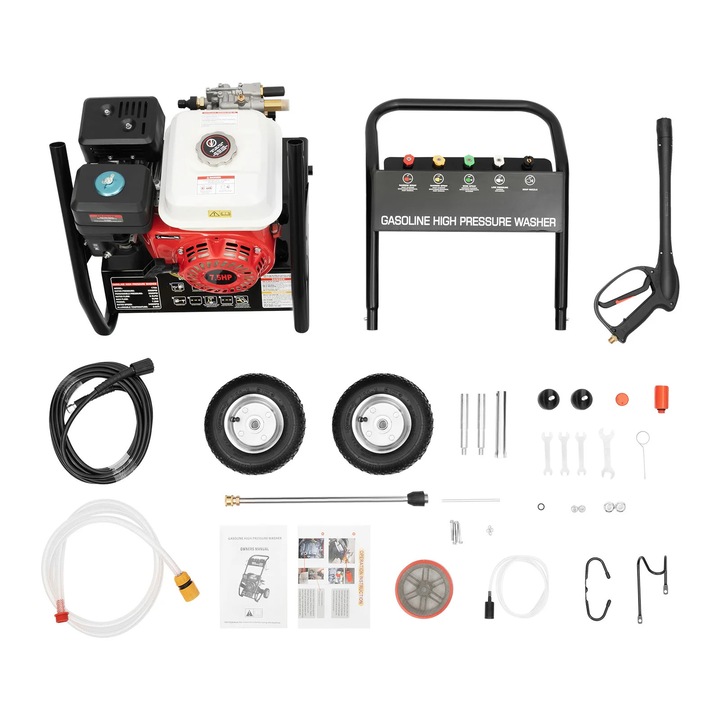 Aparat de spalat cu presiune, Spalator pe benzina, 2500 PSI, motor 7, 5 CP, 5 duze, certificat CE, Rosu