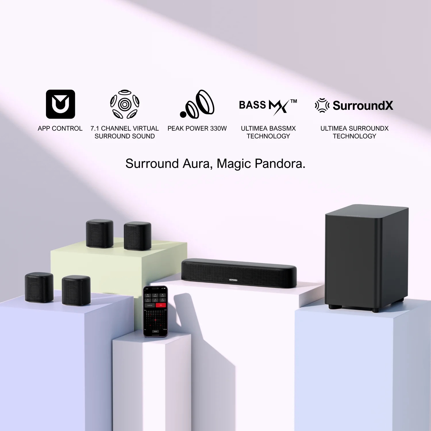 Soundbar 7.1 Canale, Aura A40, Bluetooth, 4 difuzoare