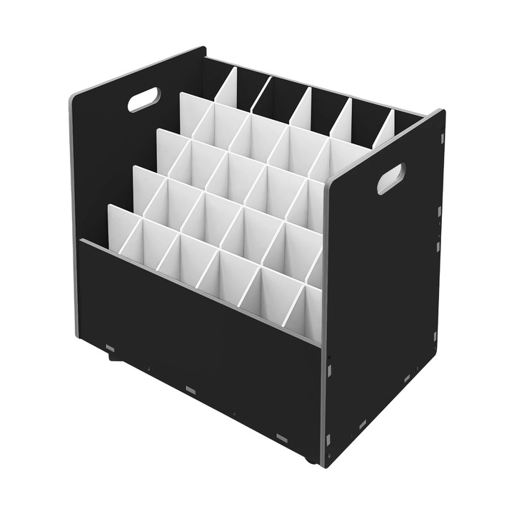 Suport documente mobil, 30 compartimente, material PVC, 58x40x58 cm, capacitate de incarcare 50 kg, 4 roti cu frane