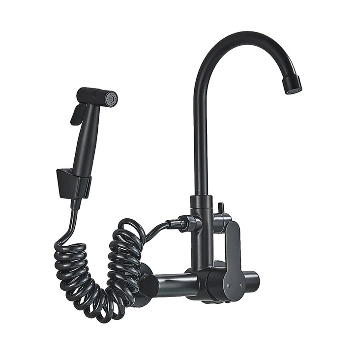 Fürdőszobai csaptelep, hideg-meleg víz, kihúzható zuhannyal, matt fekete, 2 szerelési lyukkal