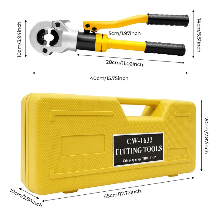 Hidraulikus krimpelő, 16-32 mm, 360°-ban forgatható fej, sárga