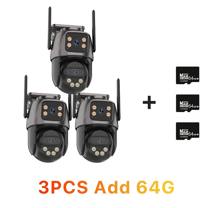 Комплект от 3 4K камери за видеонаблюдение, 64G карта, гъвкав монтаж, двупосочна комуникация, IP66