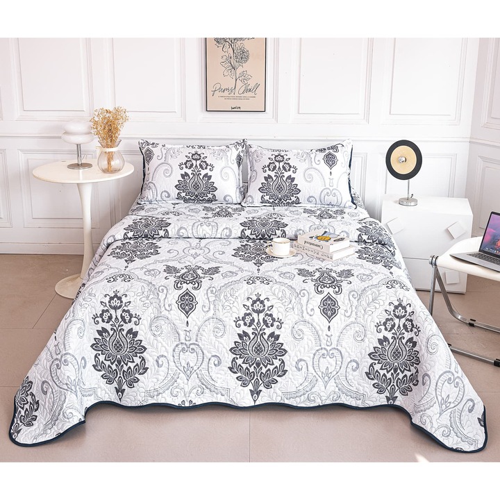 Set Cuvertură Matlasată CHIRASO, Microfibra, Alb-Gri, 220x240cm, 2 Fete de Pernă 52x72cm, 3 Piese