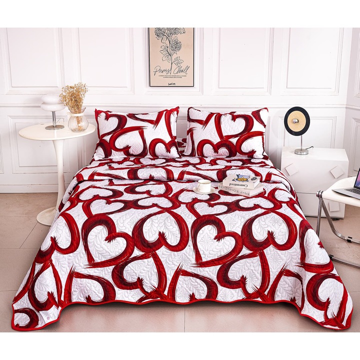 Set Cuvertura Matlasata si Fete de perna CHIRASO, din Microfibra/Poliester, Cuvertura 220 x 240 cm, 2 Fete de Perna 52 x 72 cm, Alb/Rosu Inchis