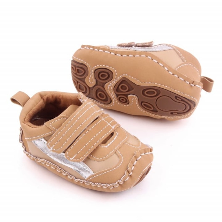 Pantofi sport SuperBaby, Model AL 19648 cu dunga argintie, Pentru bebelusi, Textil, Baieti, 3-6, Crem, 18, Crem