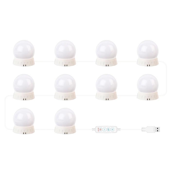Комплект от 10 LED крушки AB HOMES за огледало за грим, 3 режима на осветление, регулируем интензитет, USB захранване, 5 м кабел