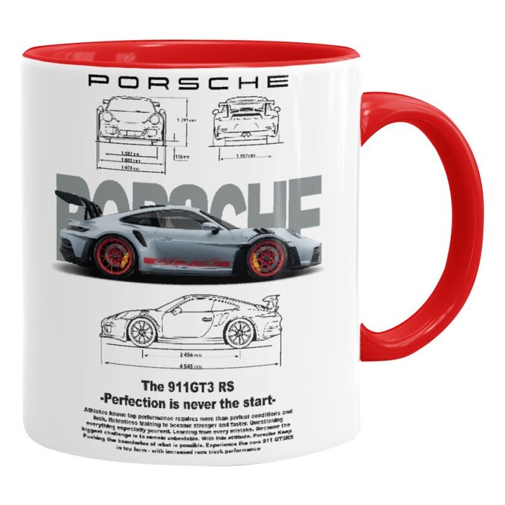 Cana ceramica Porsche, 330ml, rosie, set de cani cu maner colorat