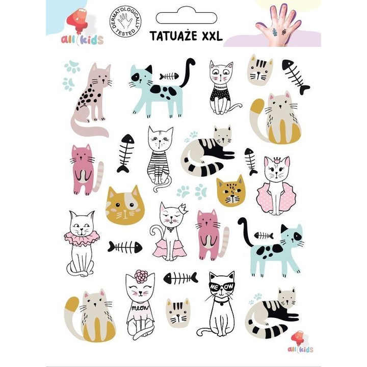 Tatuaje temporare, XXL, set de tatuaje zmyabile pentru copii, forme de pisici, multicolor