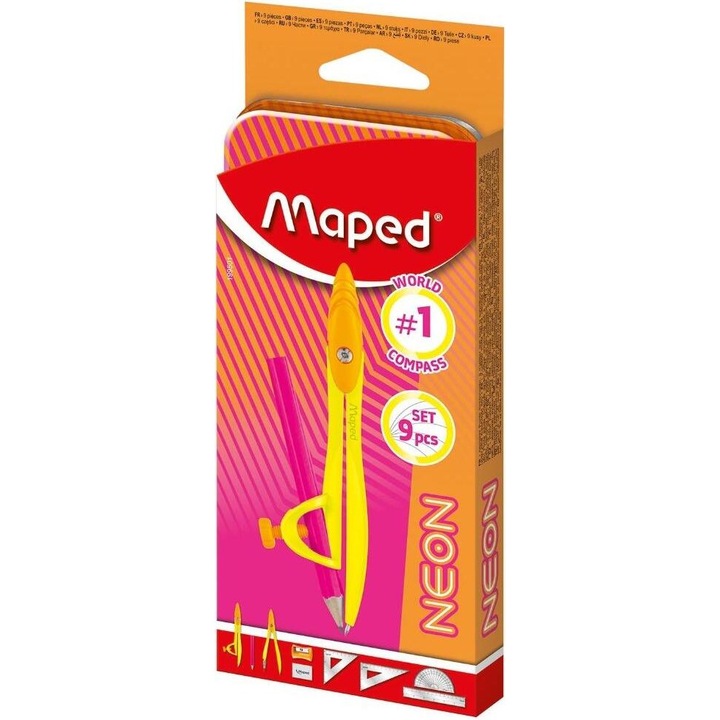 Set instrumente de geometrie, Maped, 9 bucăți, multicolor