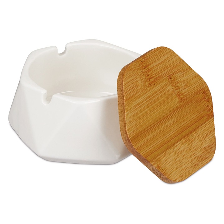 Scrumiera ceramica Ayawaska cu capac din bambus, rezistenta la vant, alb, 6x10,5x10,5cm