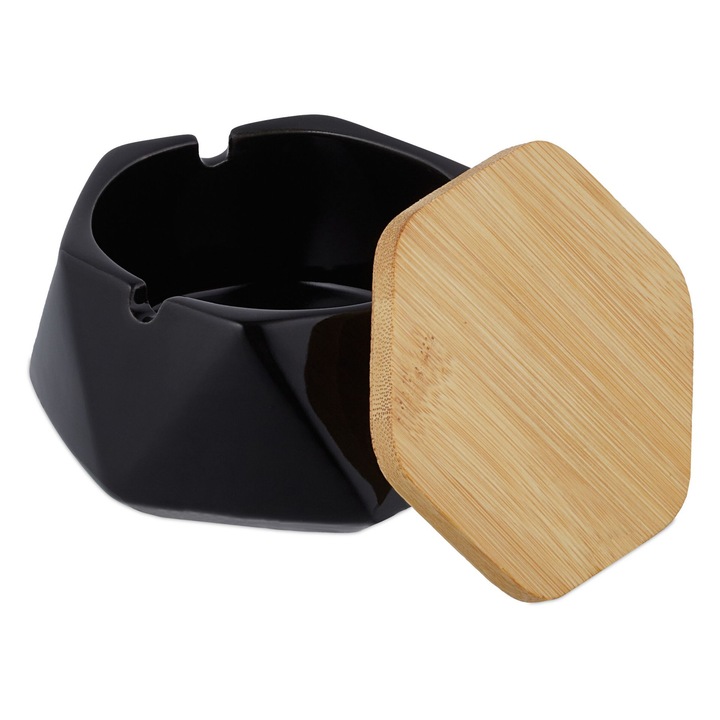 Scrumiera ceramică Ayawaska cu capac din bambus, rezistentă la vânt, neagră, 6 x 10.5 x 10.5 cm