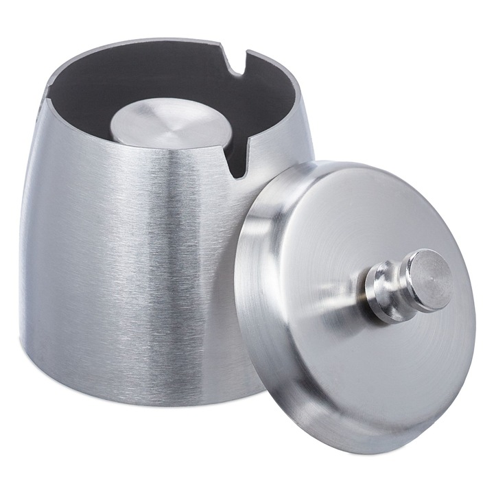 Scrumiera din inox Ayawaska cu capac, coloana centrala detasabila, anti-vant, argintie, 9x7.5cm