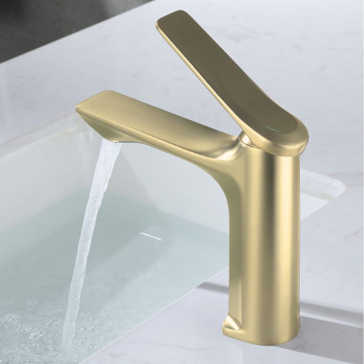 Baterie Lavoar Monocomanda, Montaj pe Lavoar, Finisaj Gold/Auriu Mat, Cartus Ceramic, Aerator Neoperl, Aliaj Cupru-Zinc, Compatibilitate Universala, Montaj Rapid cu Accesorii Incluse, Design Modern Elegant, BiXXBi