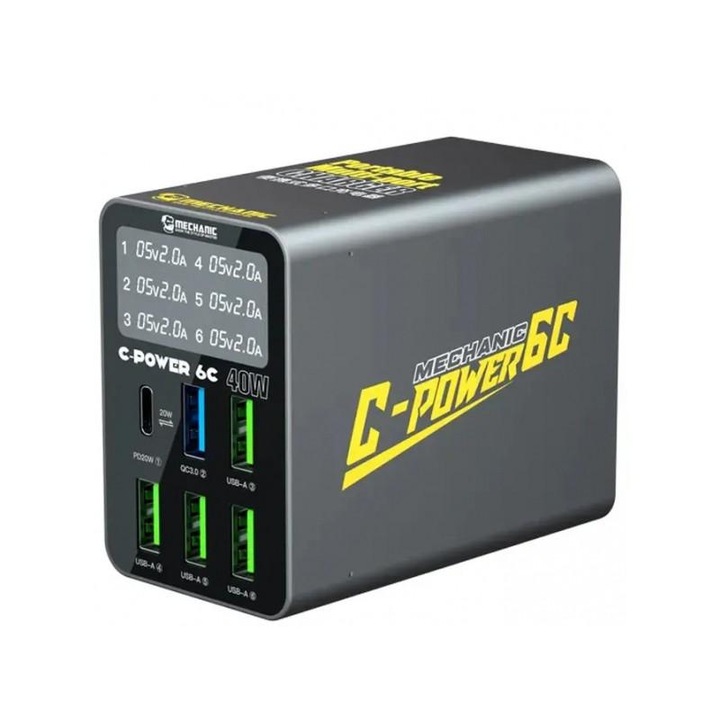 Incarcator Statie Mechanic 6C with Display 40W 3A 1 x USB-C - 5 x USB-A Negru