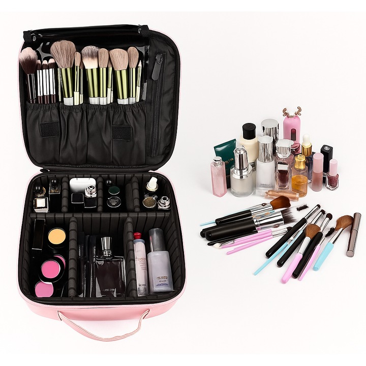 Geanta pentru cosmetice, design elegant roz, oglinda cu LED 3-culori (72 LED), baterie 2000 mAh, compartimente reglabile, Brivoo®