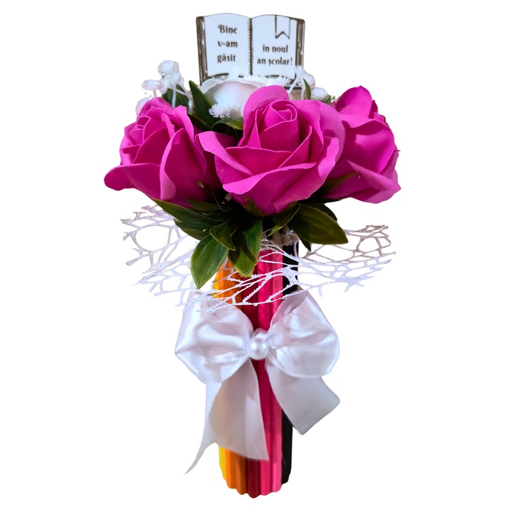 Aranjament floral cu creioane - Back to School cu text Bine v-am gasit in noul an scolar cu flori de sapun roz ciclam si alb, cu funda, 25 cm