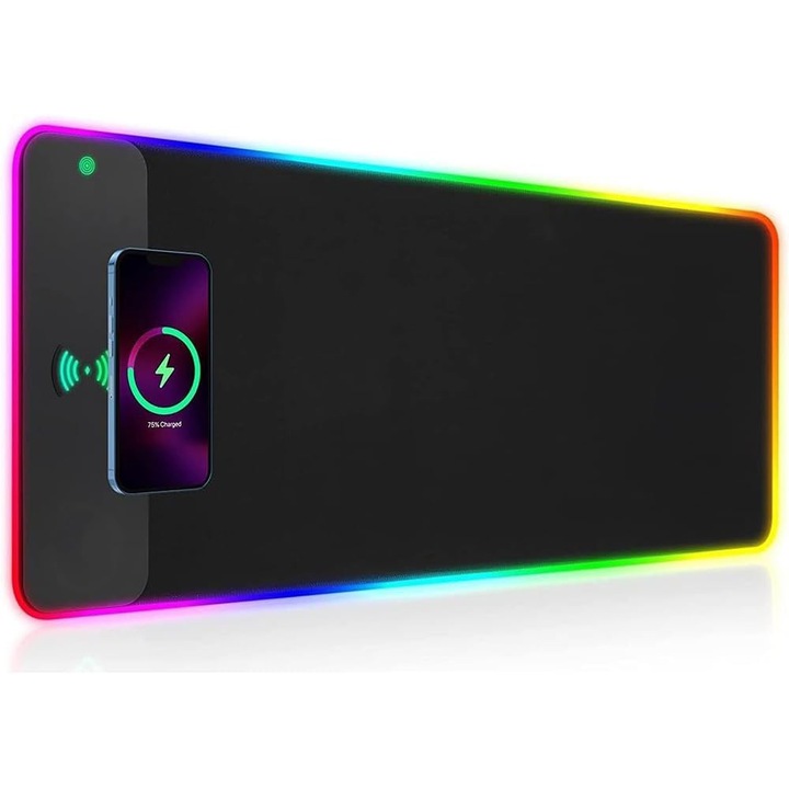 Professzionális Gaming Egérpad, PsAyl®, Vezeték Nélküli Gyorstöltővel, Type-C, Be/Ki Gombbal, 15 W, Több Érintésvezérelt RGB LED Világítási Móddal, Csúszásgátló Gumírozott Alj, Vízálló, 800x300x3mm, Fekete