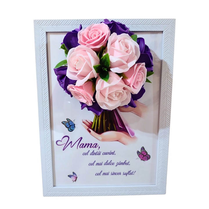 Tablou in rama A4 - Mama, cel dintai cuvant decorat cu flori de sapun mov - roz deschis, 30x21 cm
