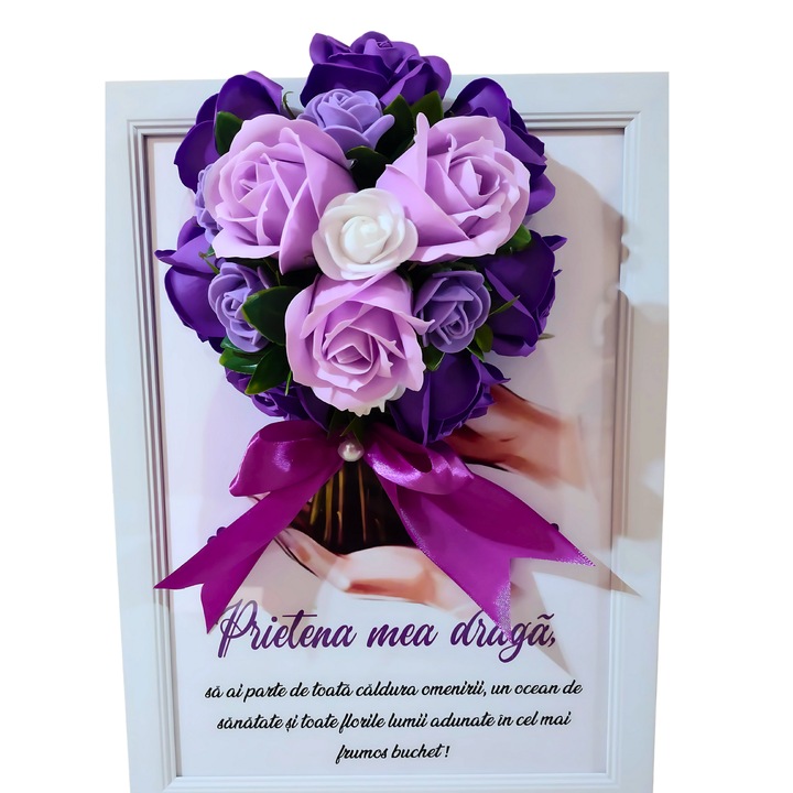 Tablou in rama A4 - Prietena mea draga, decorat cu flori de sapun mov - mov deschis, 30x21 cm