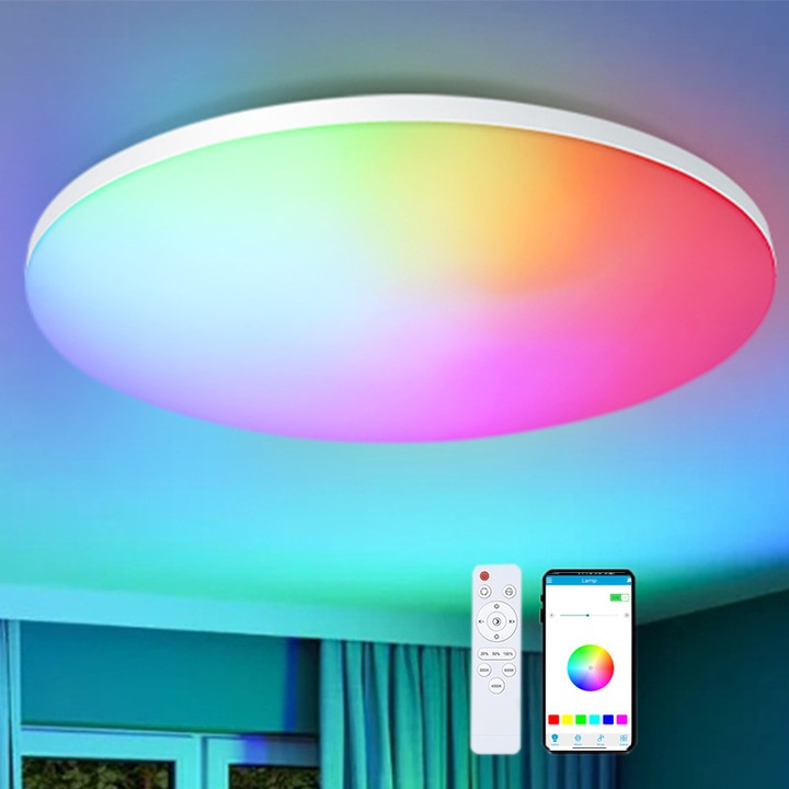Okos RGB LED Mennyezeti Lámpa WIFI+Bluetooth Nexo, 30W, 2200 lm, Távirányító, Többszínű Beállítás, Surplife Alkalmazás WIFI-n keresztül, Alexa Hangvezérlés, Állítható Fény Hideg/Meleg Fehér és Színes, 30cm, Fehér