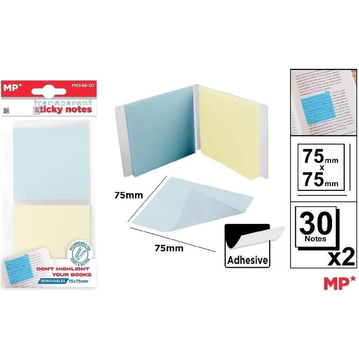 Vásároljon MP Main Paper öntapadós papírkocka készletet, 75x75mm, 2x30 darab, átlátszó