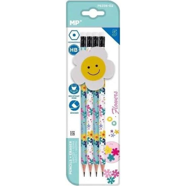 Set creioane hexagonale HB cu guma, MP Main Paper, flori, 4 bucati