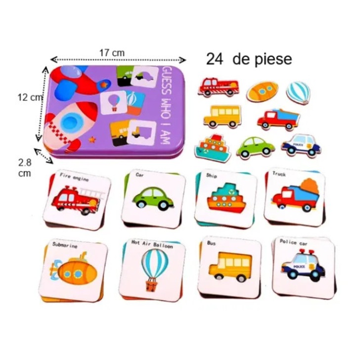 Puzzle mijloace de transport in cutie metalica, 24 de piese