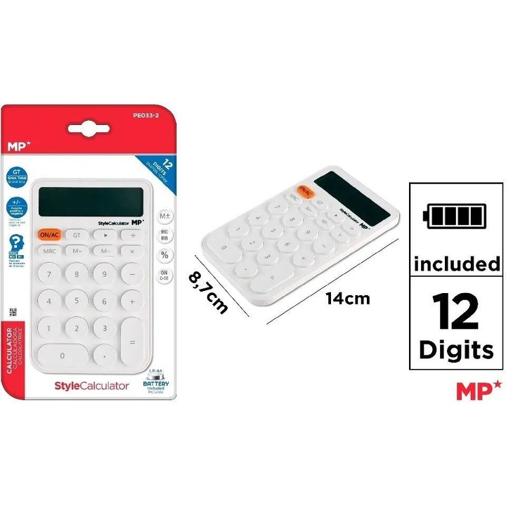 Irodai számológép, MP Main Paper, 8,7x14cm, fehér